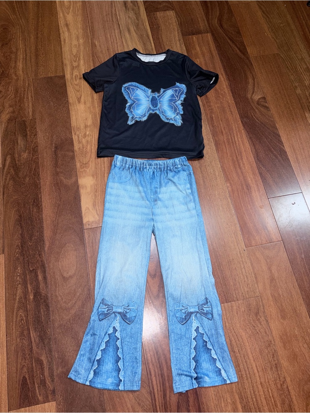 Girls Butterfly Tee with  Blue Flared Print Jeans Set
